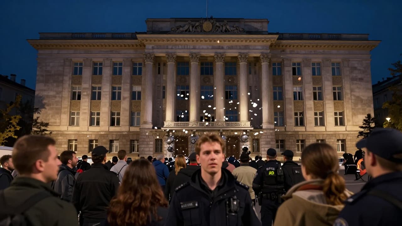 Protesters and police outside the television building