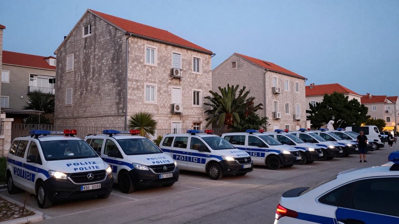 Police cars outside a residential building at dusk