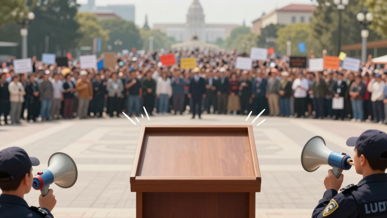 Empty podium, protesters and police in the distance