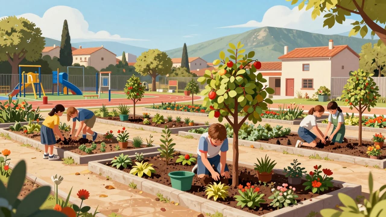 Pupils planting fruit trees in the school garden