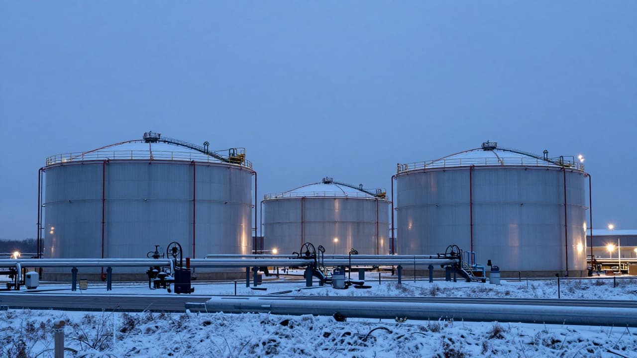 View of a gas storage facility in a winter atmosphere