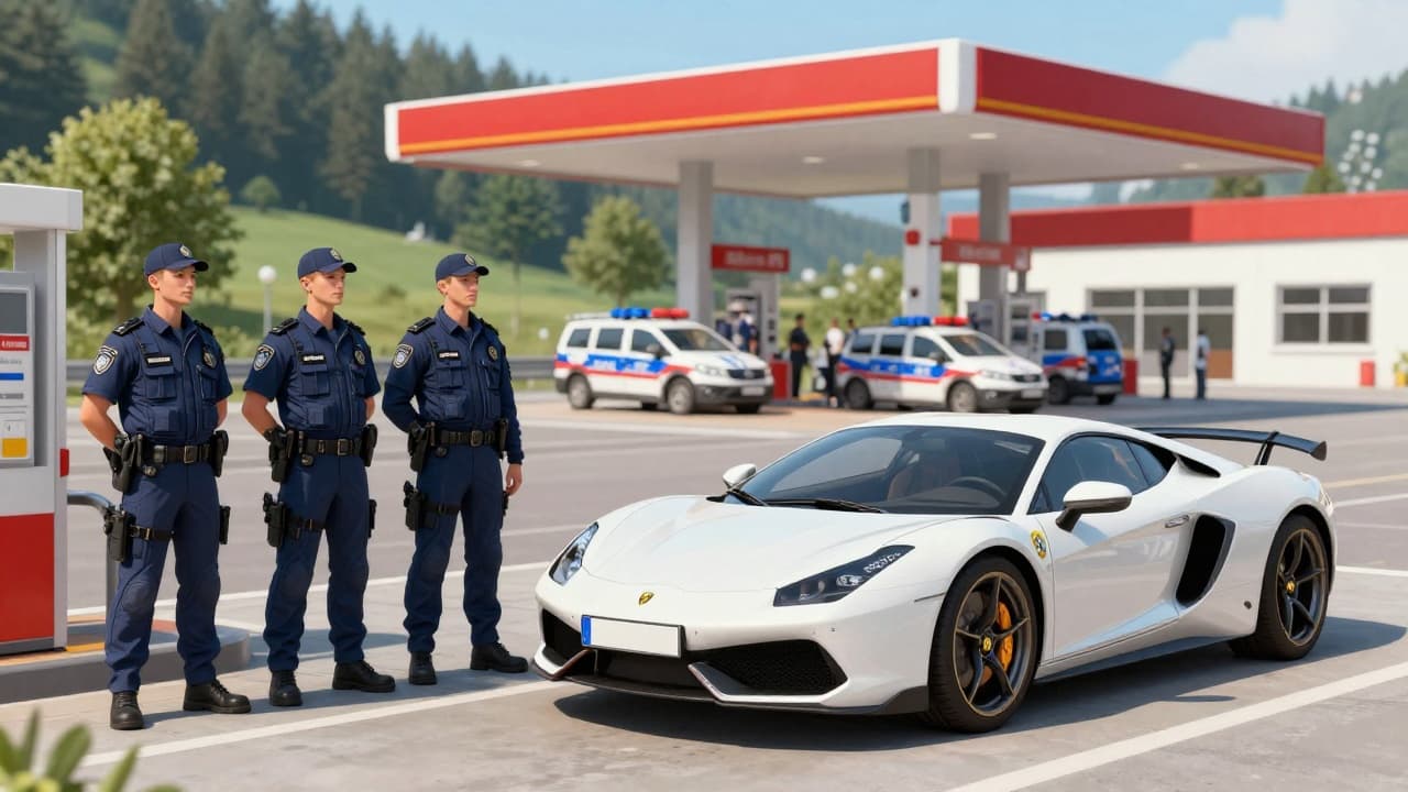 Policija i ukradeni automobil na benzinskoj postaji