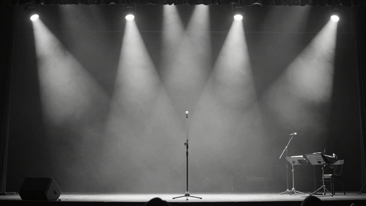 An empty stage with a microphone and instruments