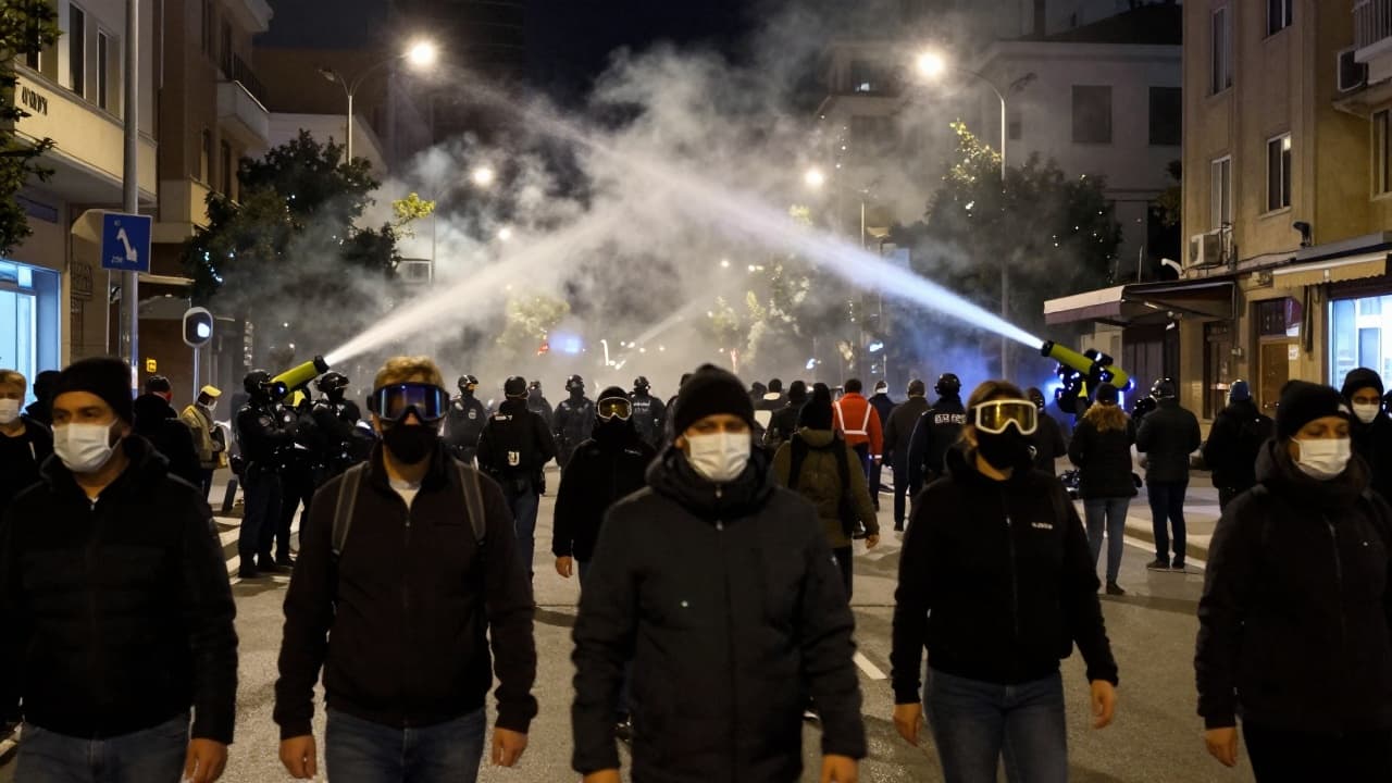 Prosvjednici i policija na noćnoj ulici
