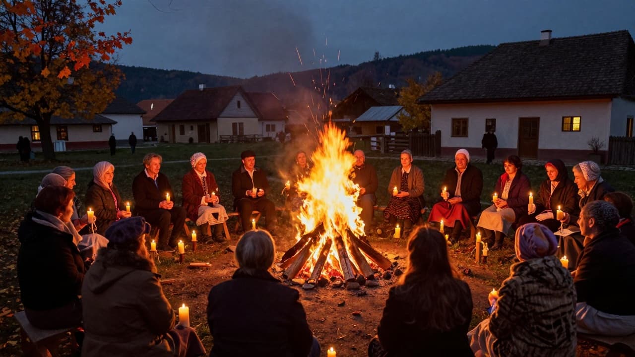 Residents around a fire in the autumn dusk