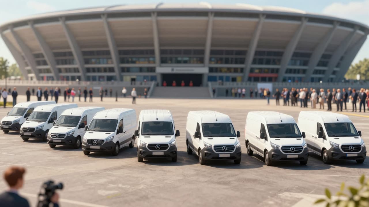Eight new minibuses parked in front of the sports arena
