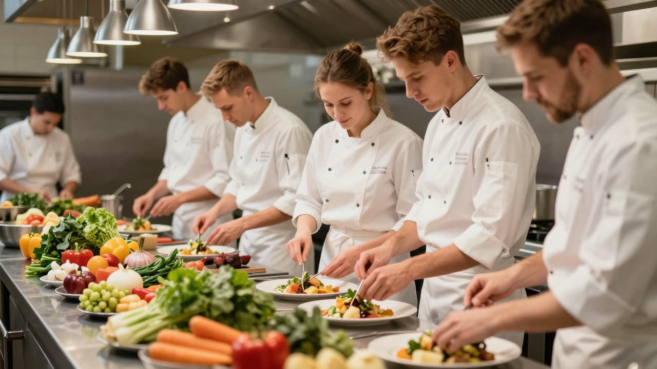 Chefs in white uniforms preparing dishes
