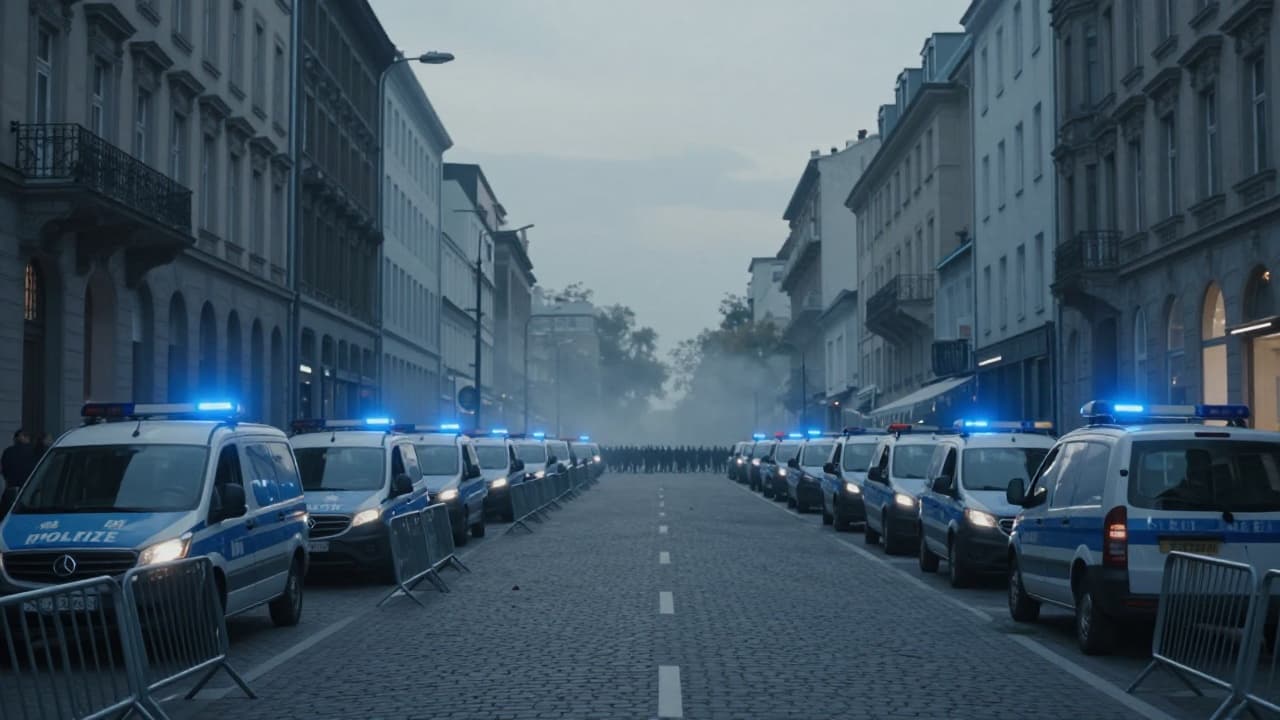 An empty street with parked police vehicles and barriers