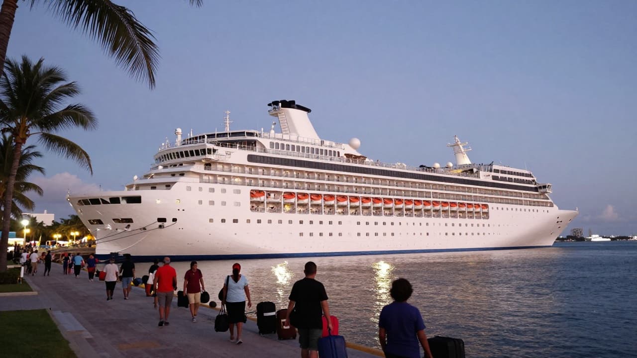 Passengers disembark from the ship in a tropical port