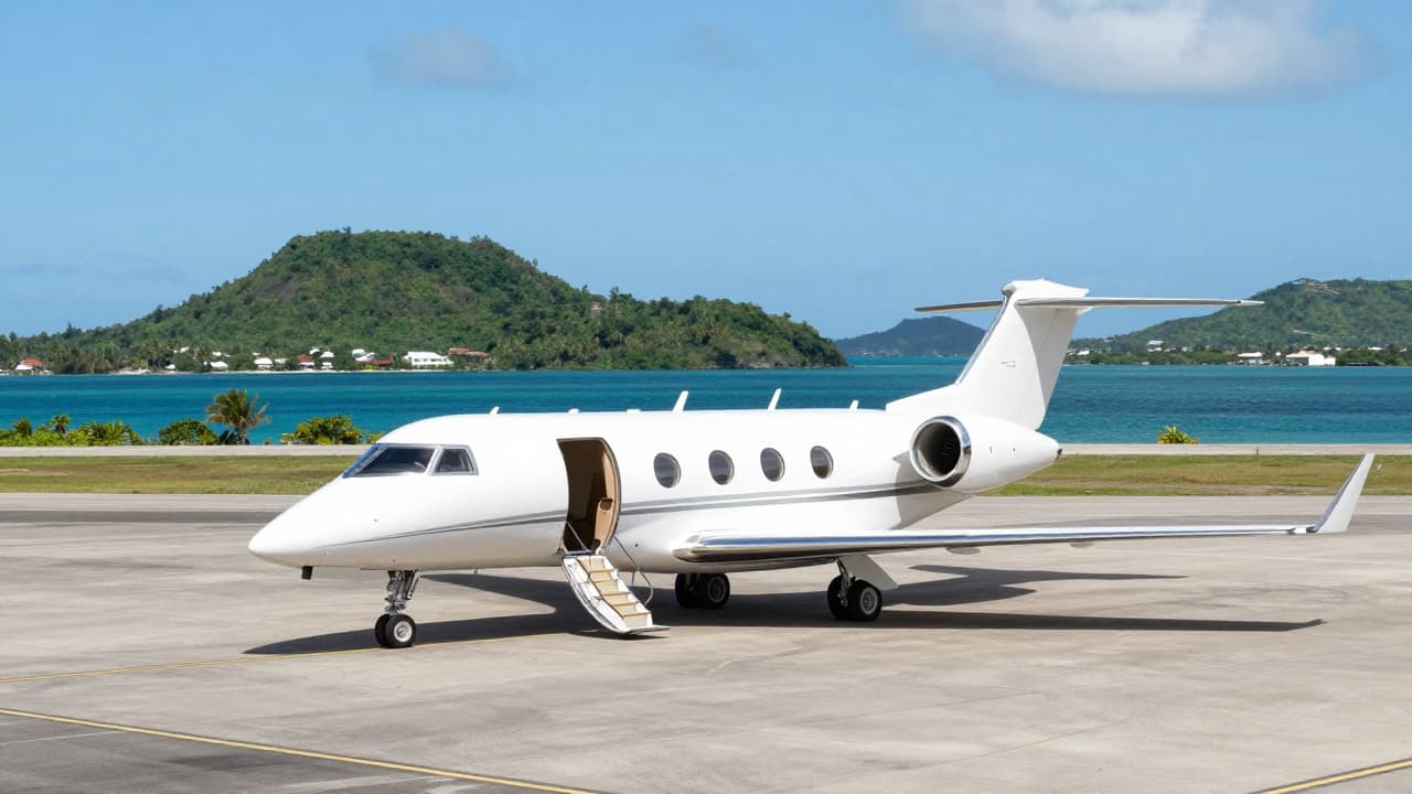 A private aircraft at a tropical airport