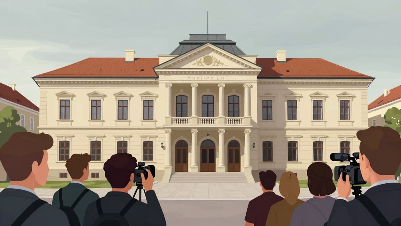 Zgrada suda i novinari ispred ulaza
