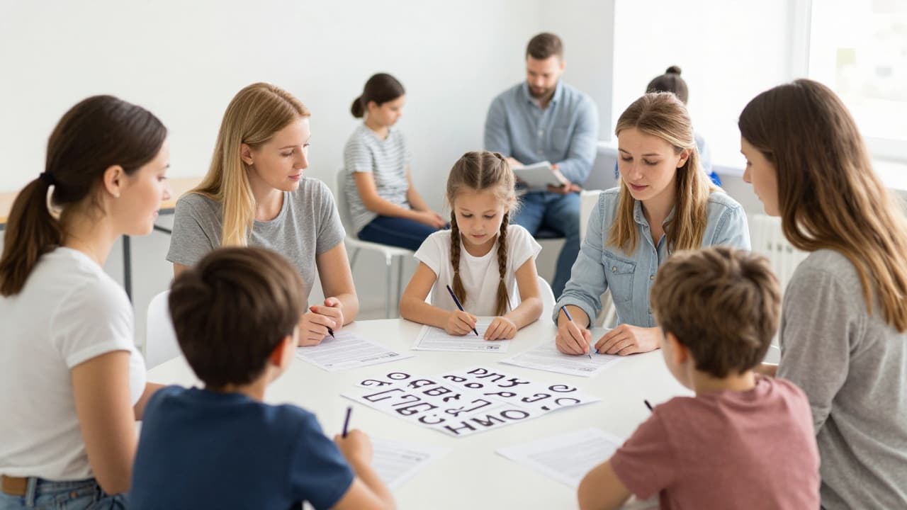 Parents and children in the waiting room of a speech therapy practice
