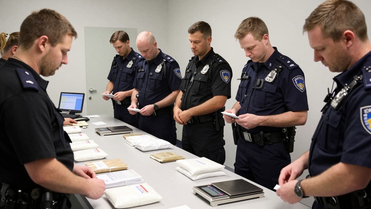 Police officers inspect seized packages of drugs