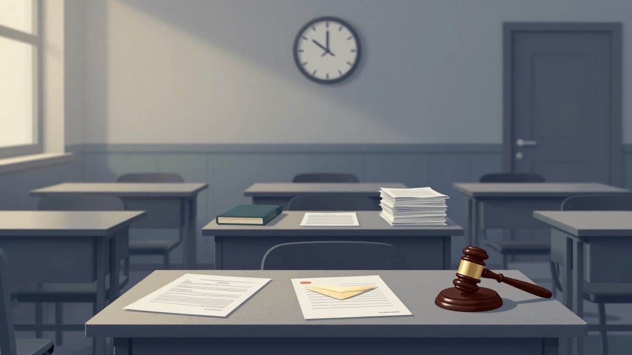 A dusty desk with a closed diary and a judge's gavel