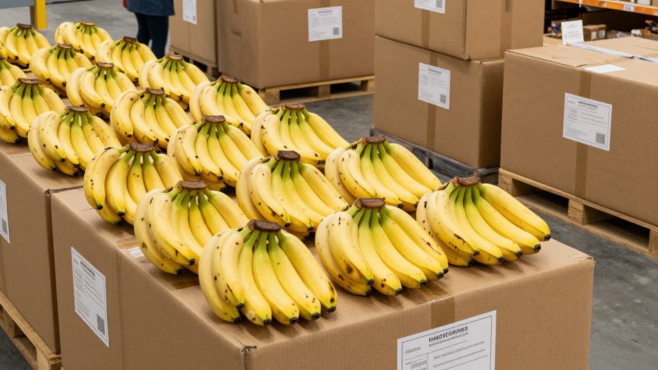 Cardboard boxes of bananas in a warehouse