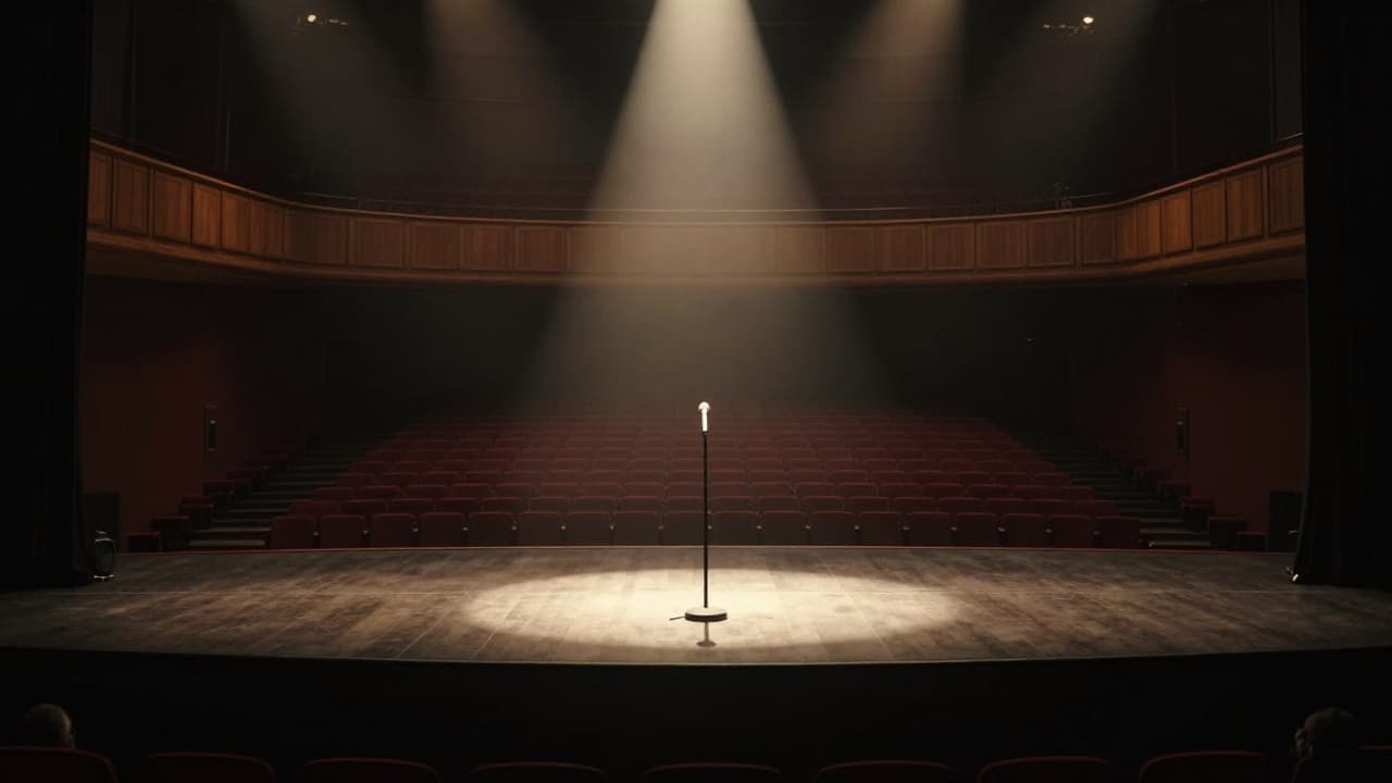 An empty stage with a microphone and dramatic lighting