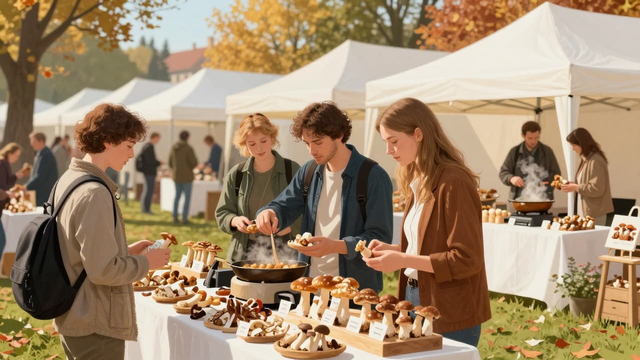 Visitors examine displayed mushroom specimens