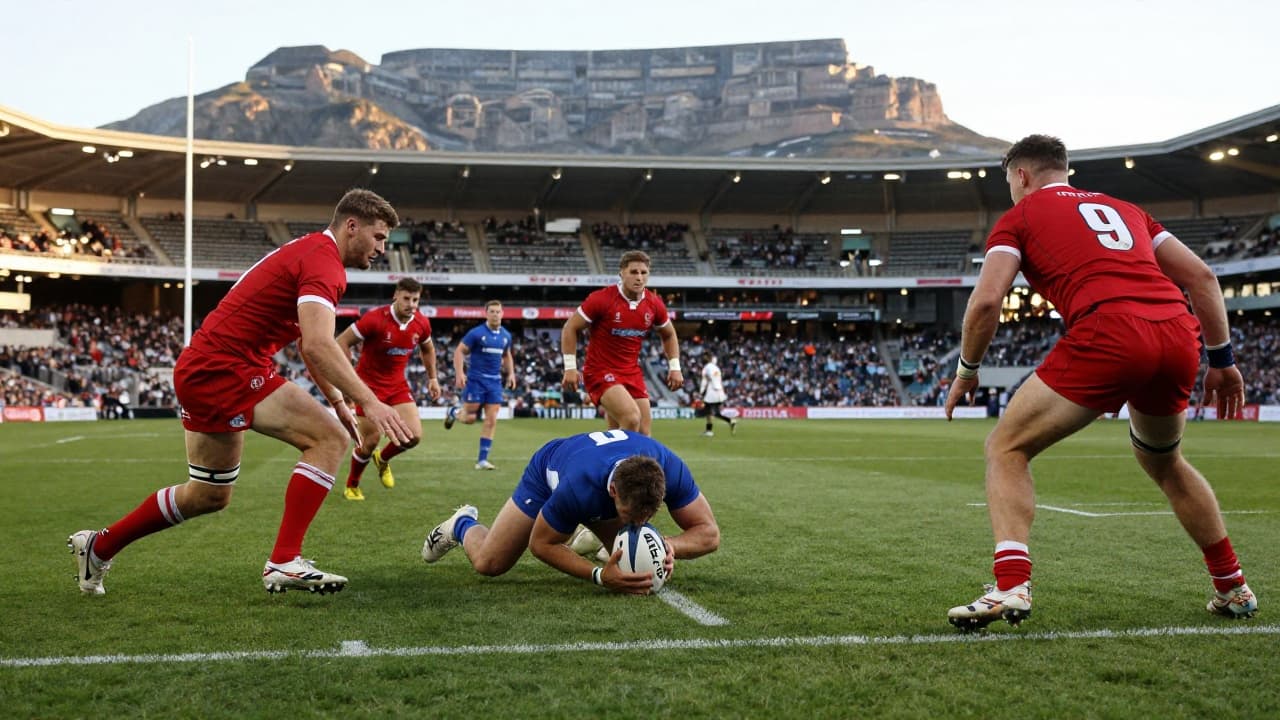 A forward in a blue jersey scores a try