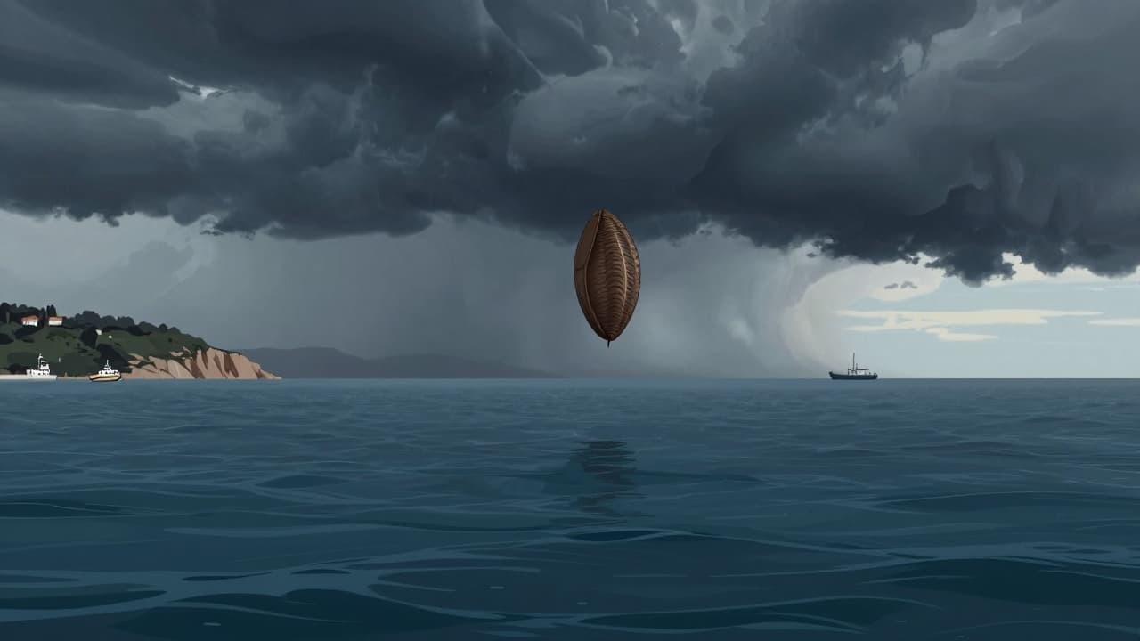 A sea spout descends from a cloud towards the sea