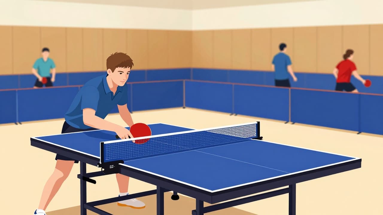 A table tennis table with a racket and ball