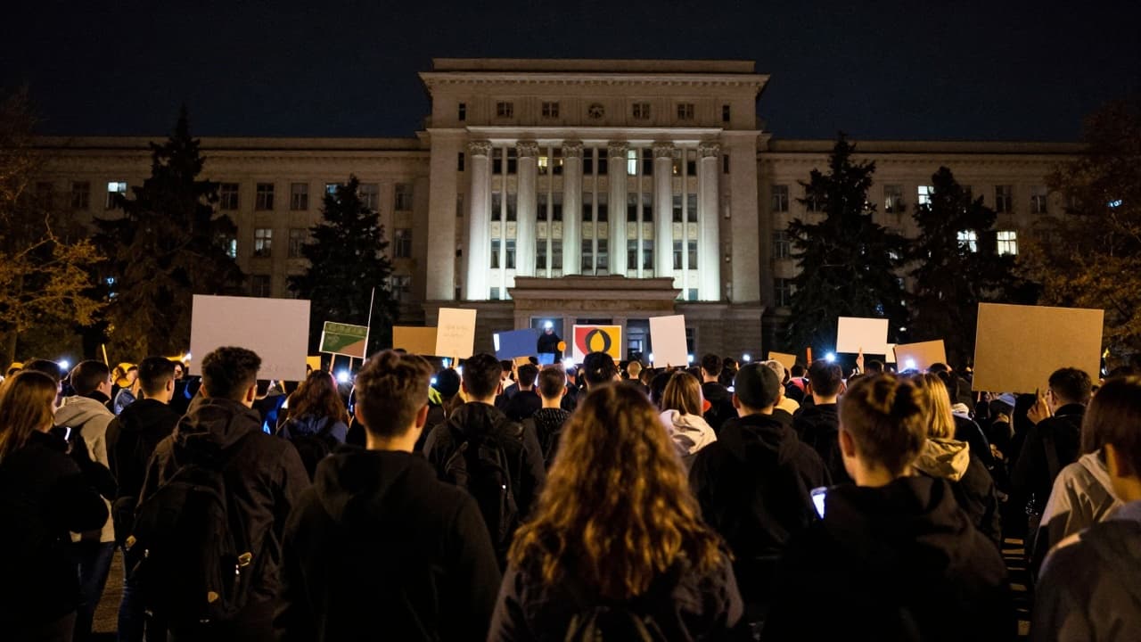 Nighttime student protest with placards
