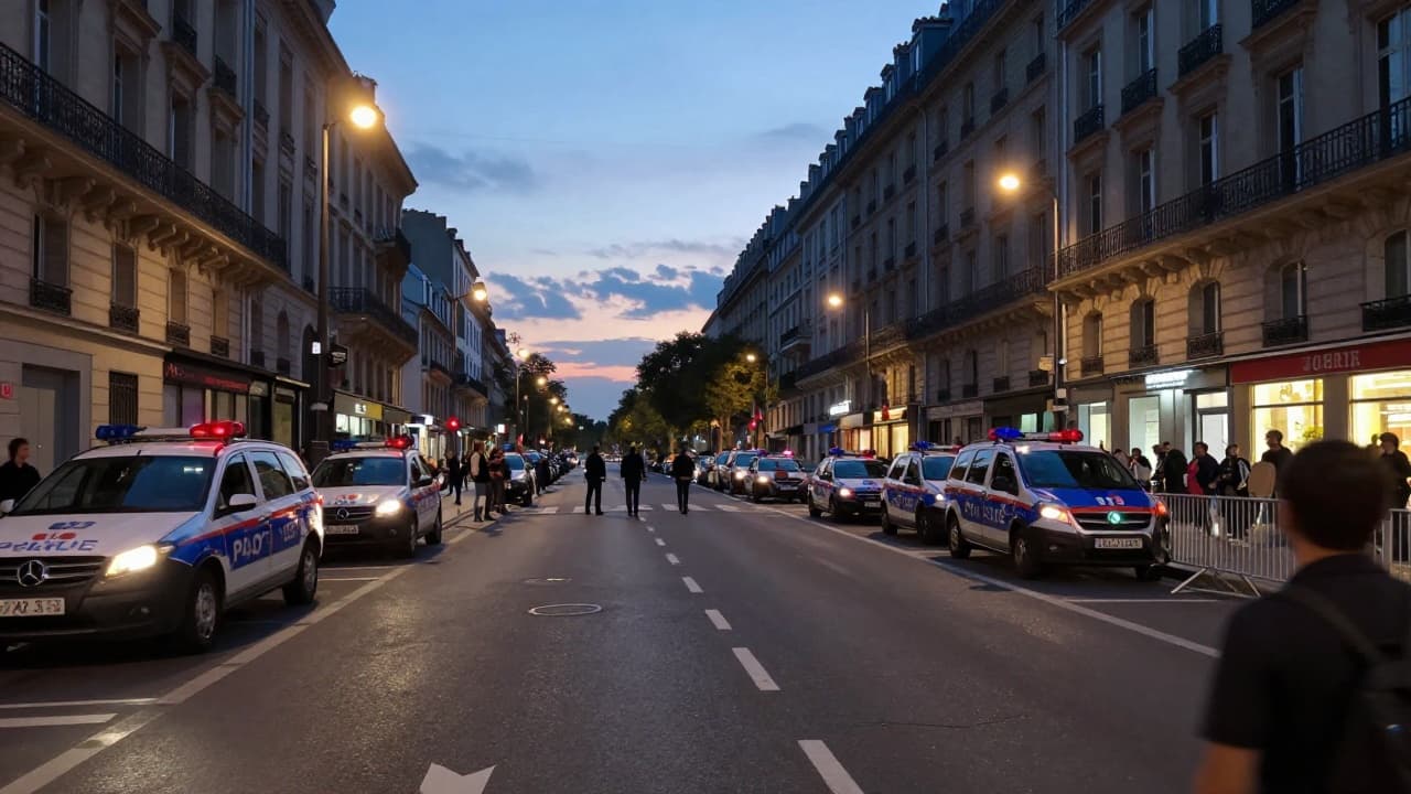 Police barriers and vehicles on a Paris street