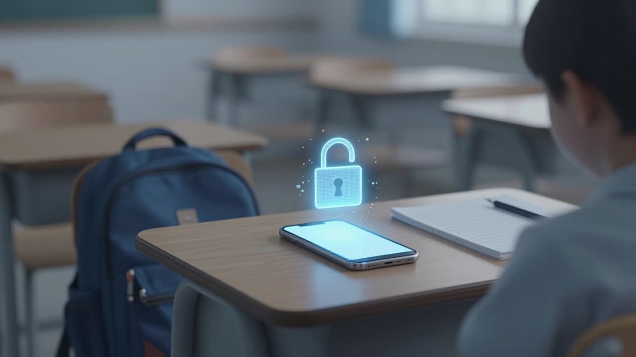 A smartphone with a digital lock on a school desk