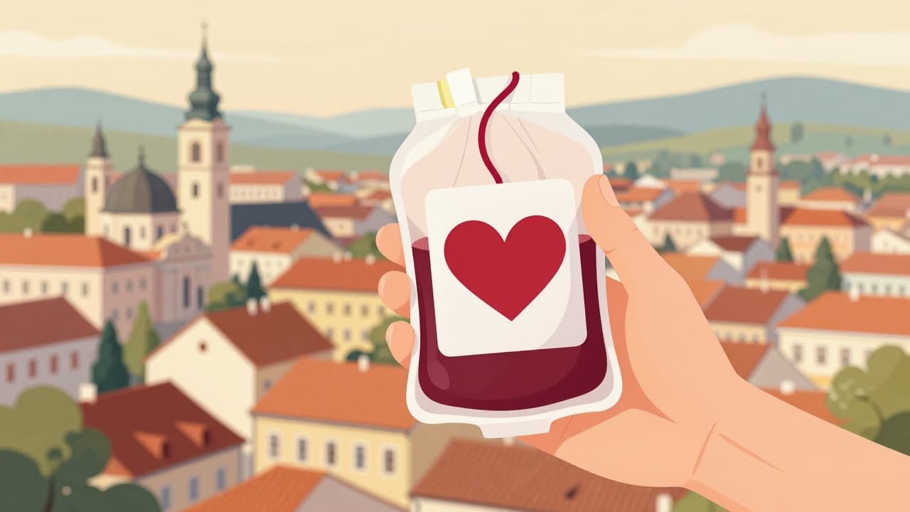 Ruka drži vrećicu krvi s simbolom srca