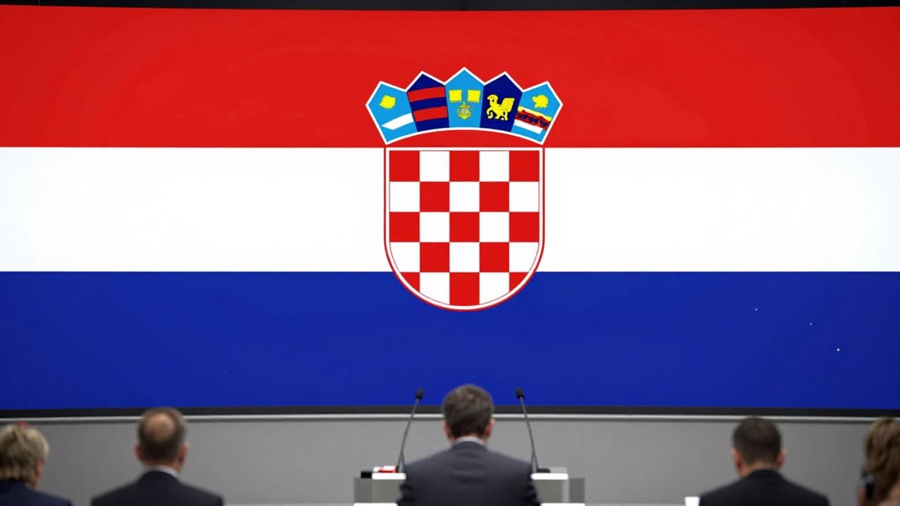 Croatian flag on a podium with microphones