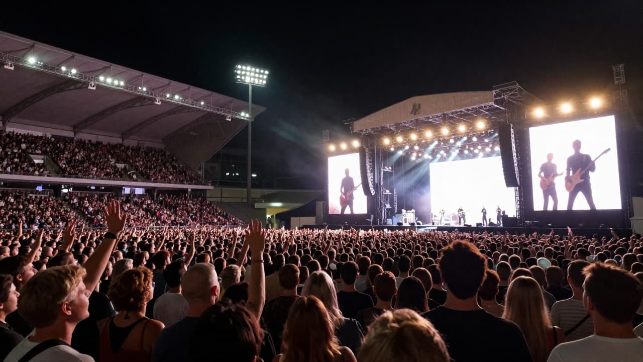 U2 performing at a stadium concert at night
