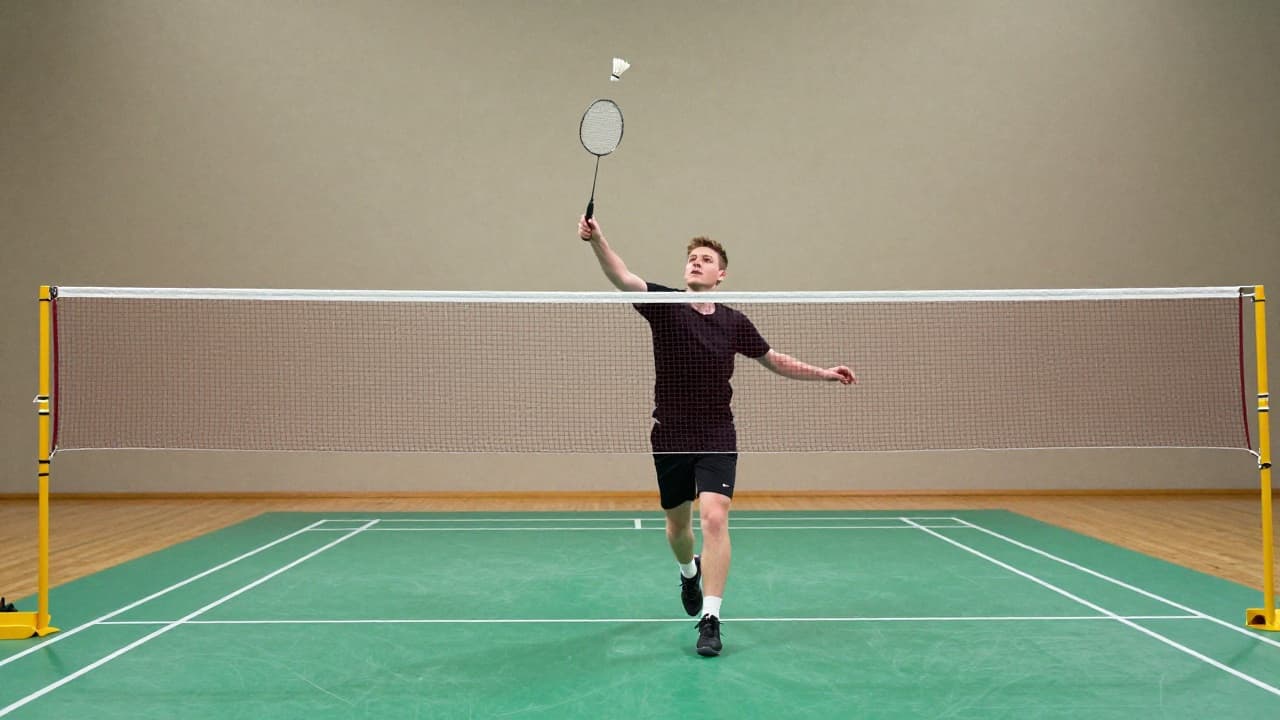 Badminton igrač u akciji udarca preko mreže