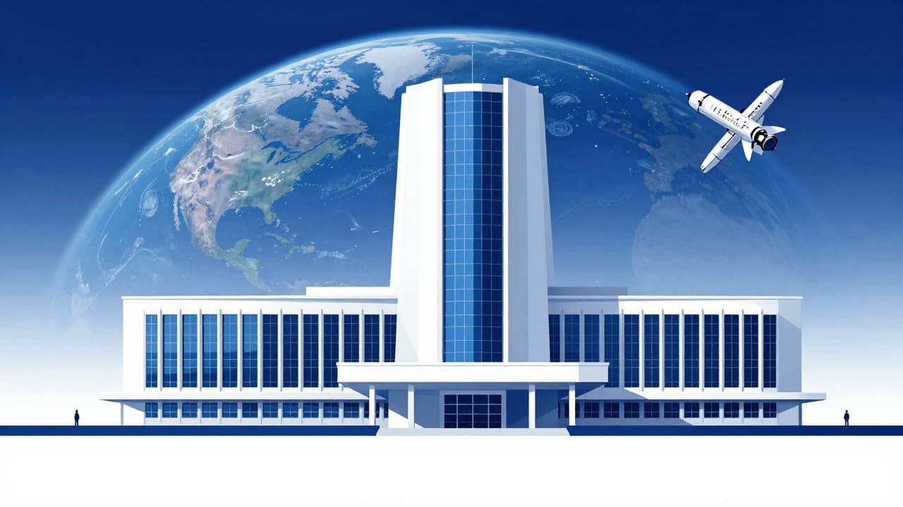 NASA building with Earth and spacecraft in the background