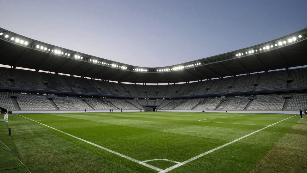 An empty football stadium under floodlights at dusk