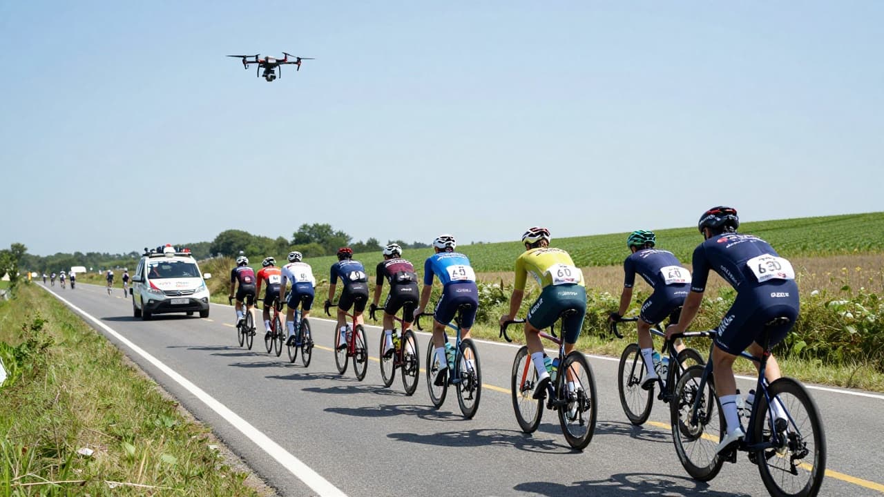 Peloton na cesti s pratećim vozilom i dronom