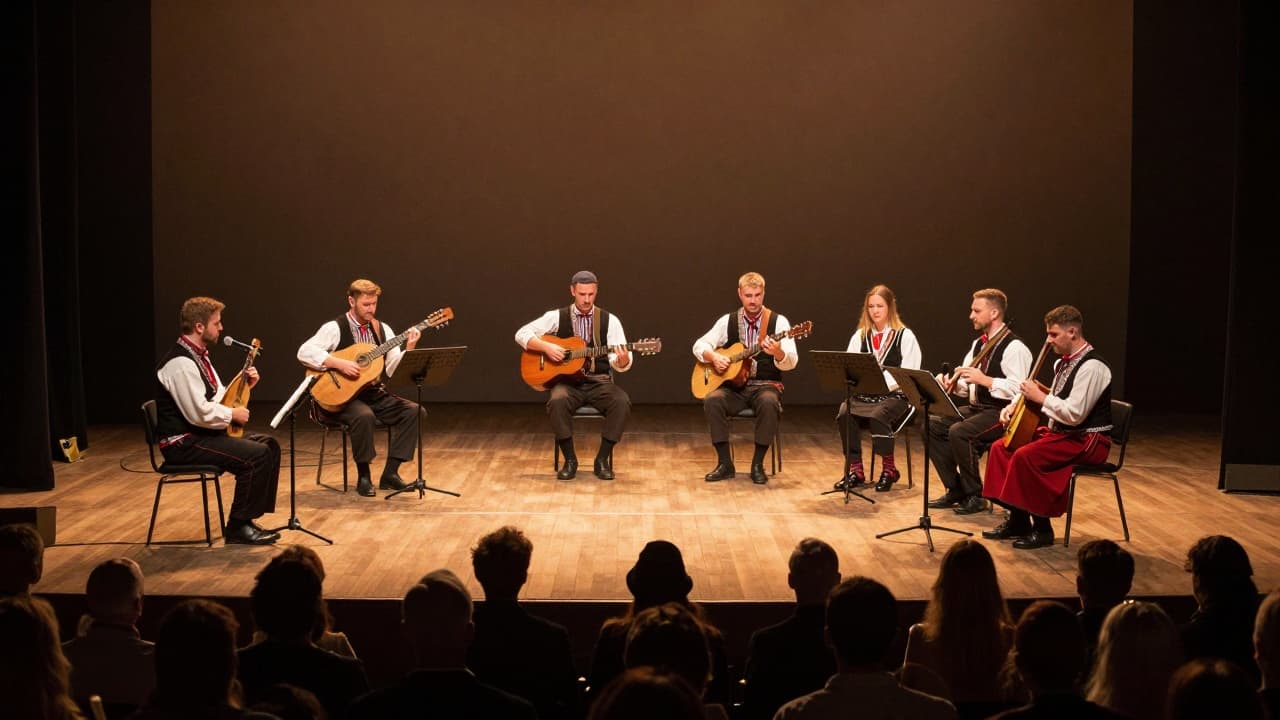 Concert stage with traditional instruments in warm light