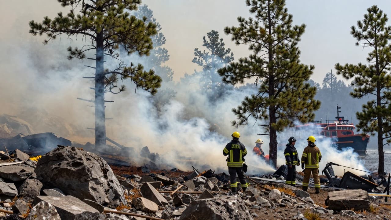 Firefighters are extinguishing a fire in a wooded area