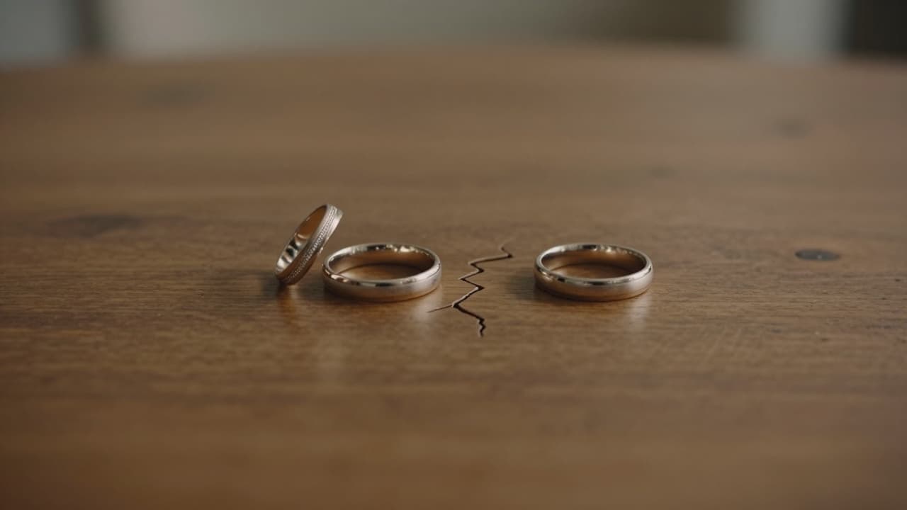 Divided wedding rings on a wooden surface