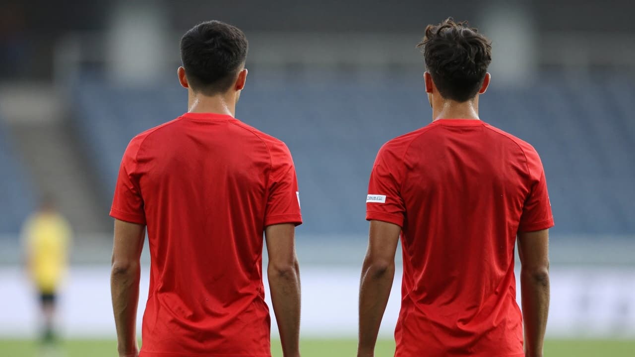 Two footballers in red kits on the pitch