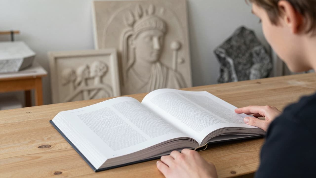 Monograph open on a wooden table in the studio