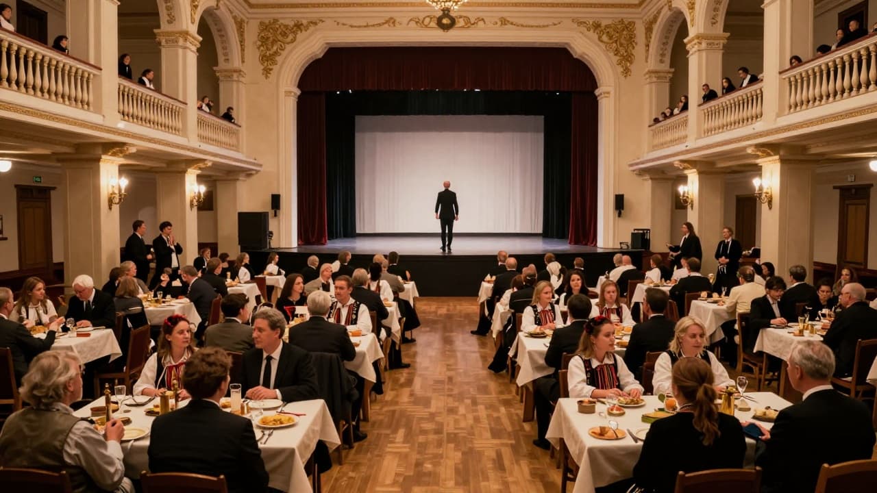 Audience in a large hall with a stage