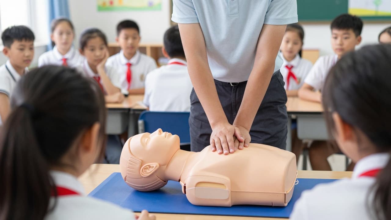 A pupil's hand on a resuscitation mannequin