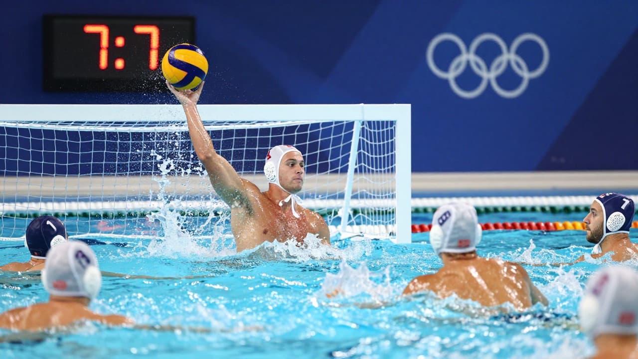 A water polo player in a white cap threatens a shot on goal
