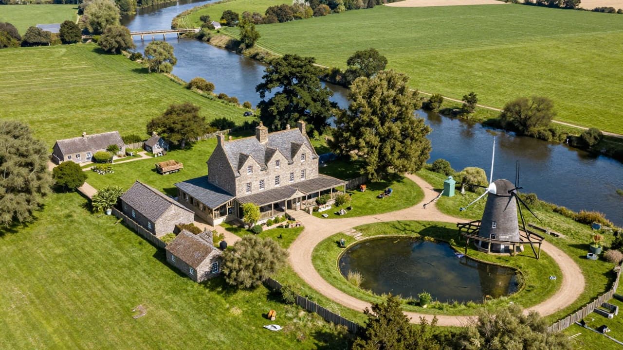 Aerial view of the estate by the river
