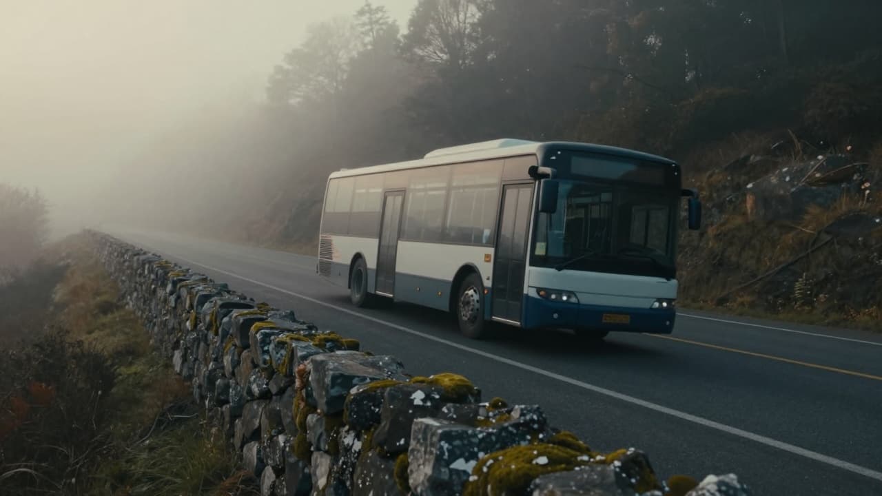 Autobus naslonjen na kameni stup