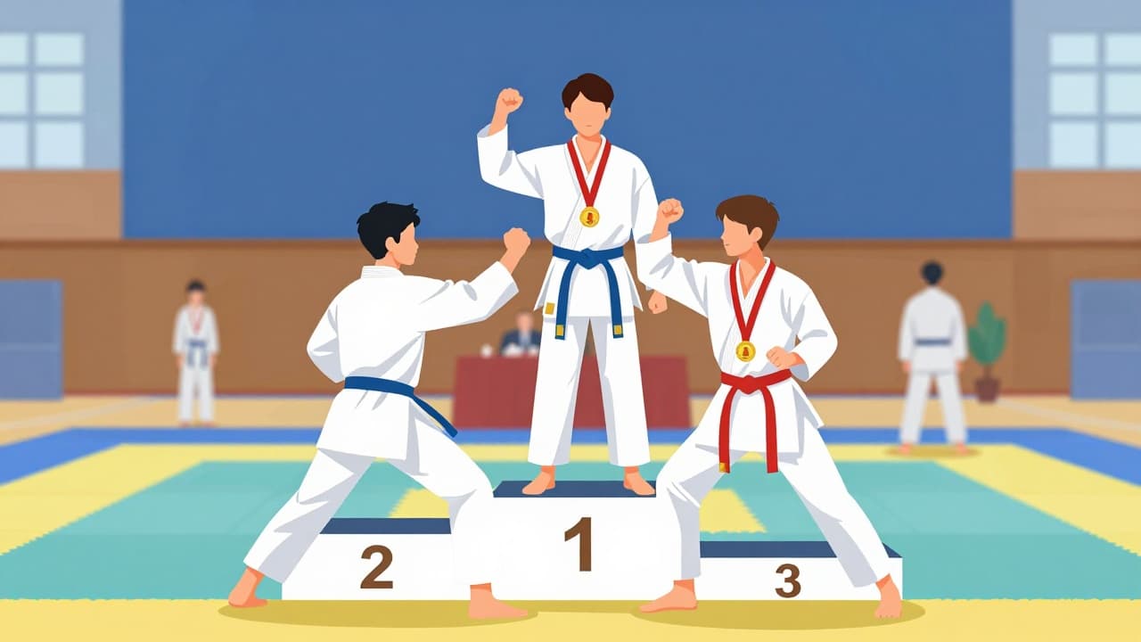 Competitors in white kimonos on the podium