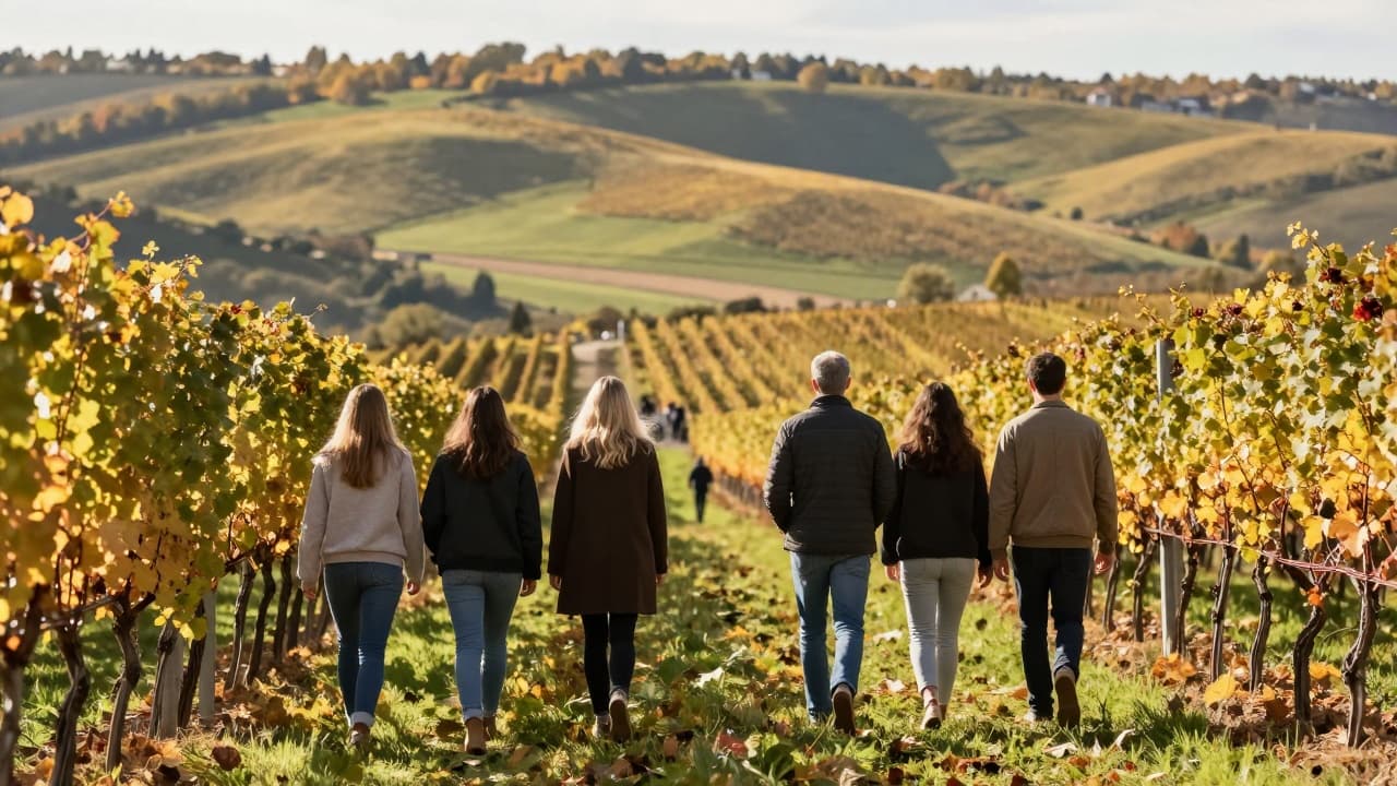 Ljudi hodaju kroz vinograd