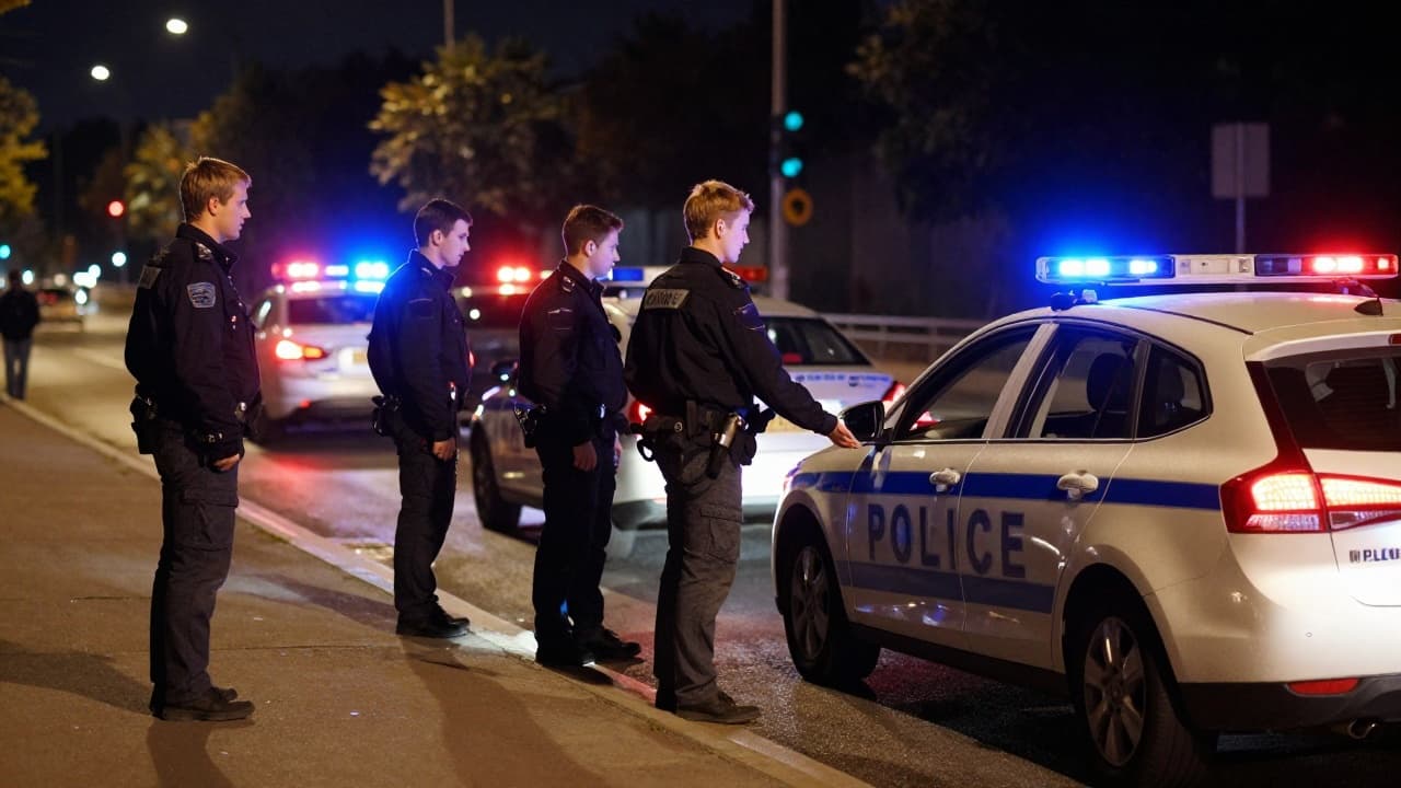 Police stop a vehicle during a night control