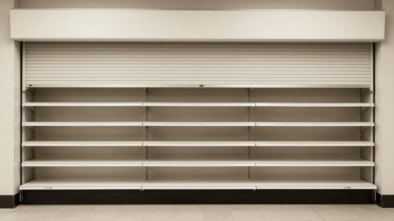 A closed store with empty shelves