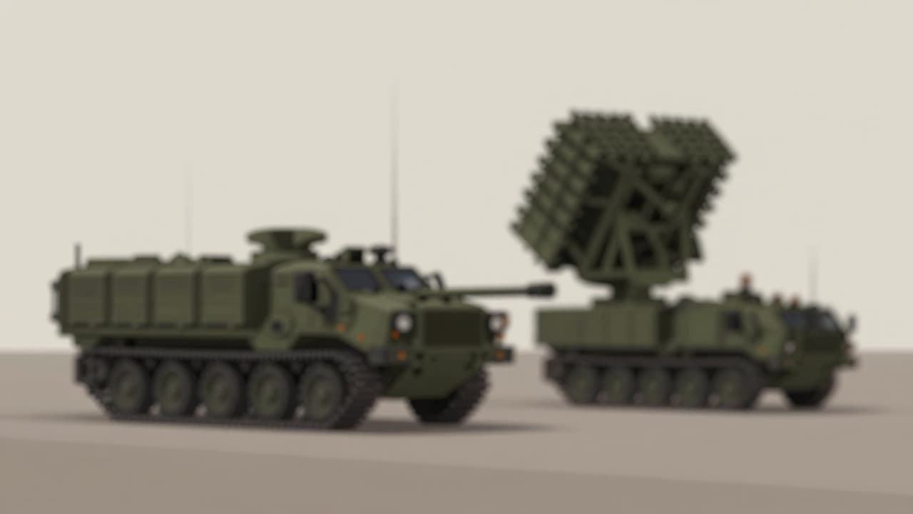 Blurred silhouette of military equipment