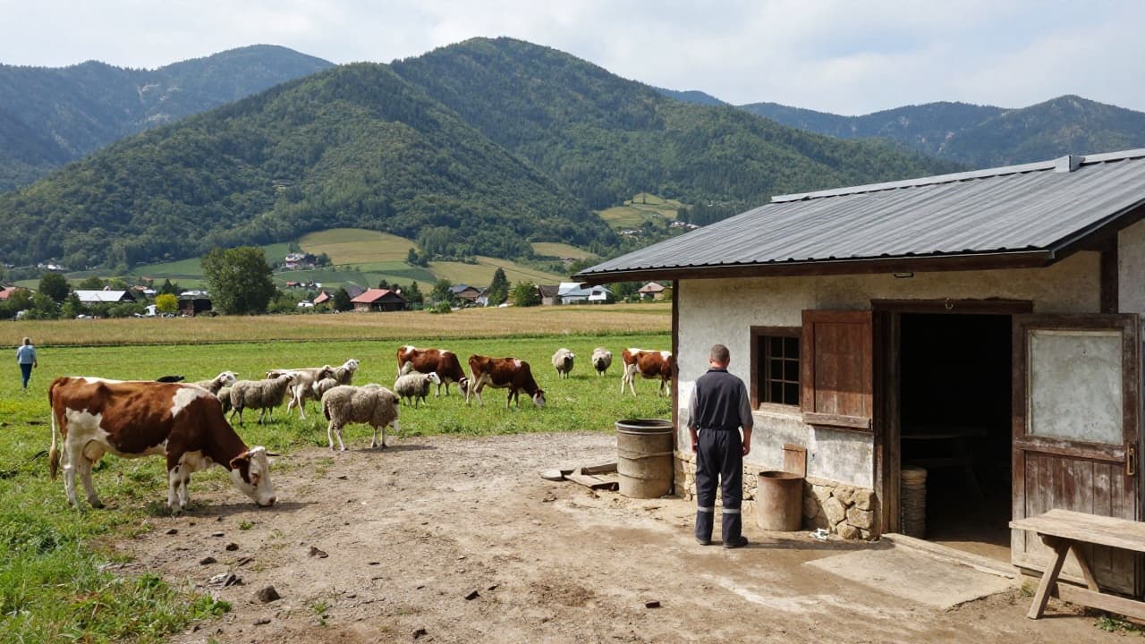 Žena u seoskom dvorištu s krznom